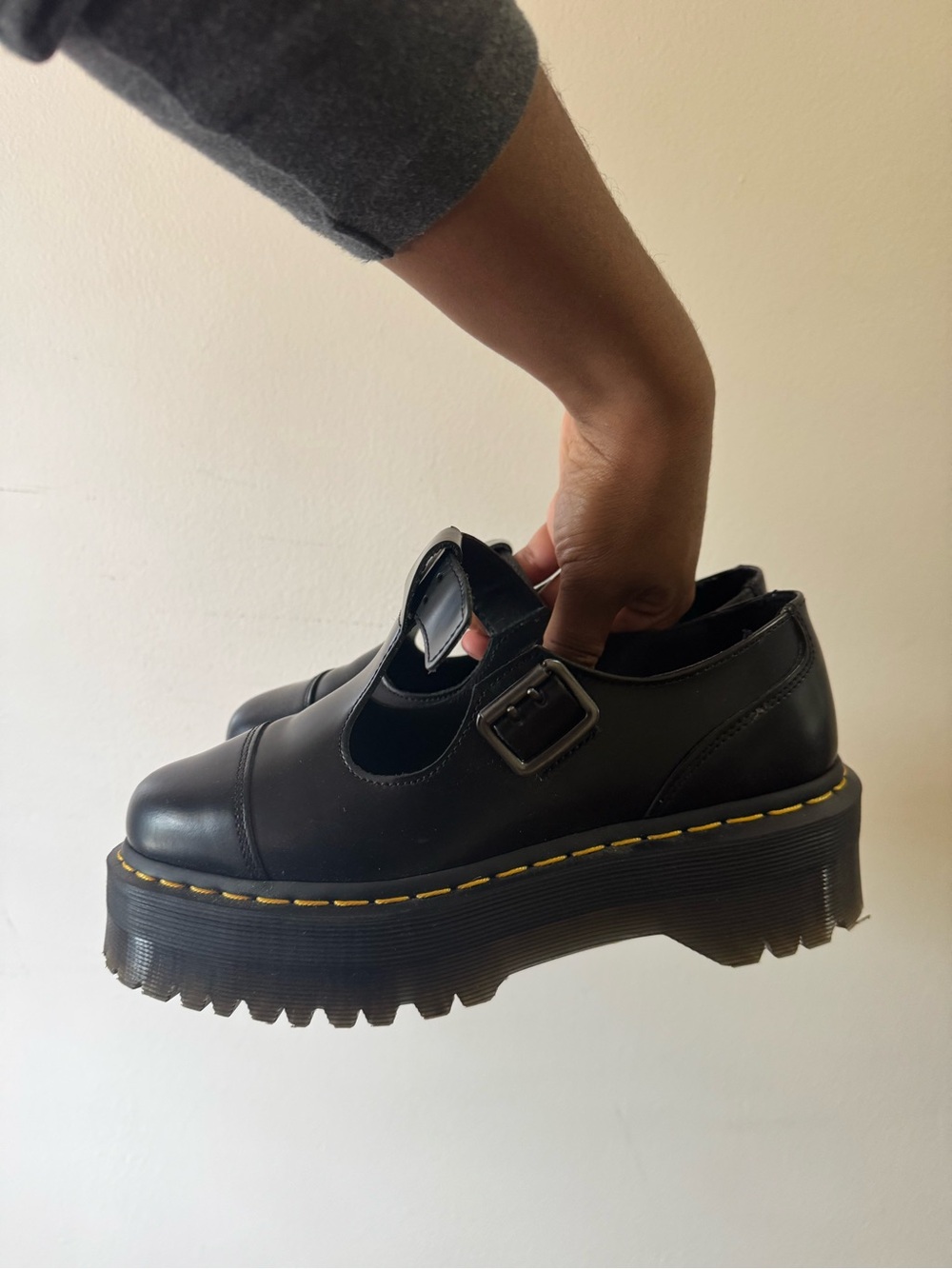 Dr. Martens Black Platform Mary Jane with Yellow Stitching